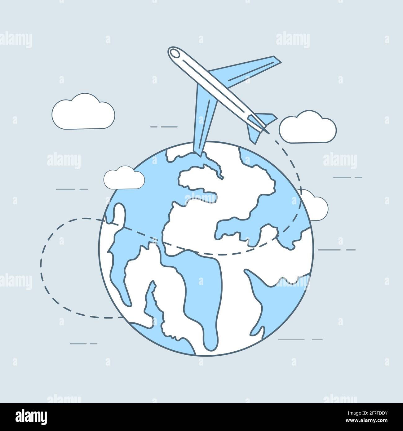 Dibujo de dibujo de dibujos animados de vector de viaje aéreo. Avión volando alrededor del planeta. Viajes, vacaciones, turismo, reservas online elementos de la aplicación. Avión volando alrededor del mundo, concepto de