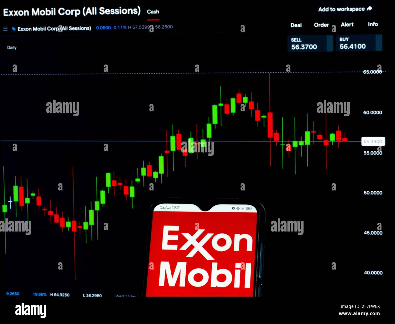 En esta ilustración de la foto, el logotipo de Exxon Mobil Corp. Visto en  un smartphone con la información de mercado de valores de Exxon Mobil Corp.  En el fondo Fotografía de