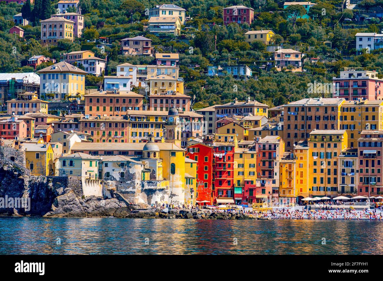Vista del pintoresco pueblo de Camogli en Liguria en italiano Riviera con palacios pintados de naranja y amarillo brillante Foto de stock