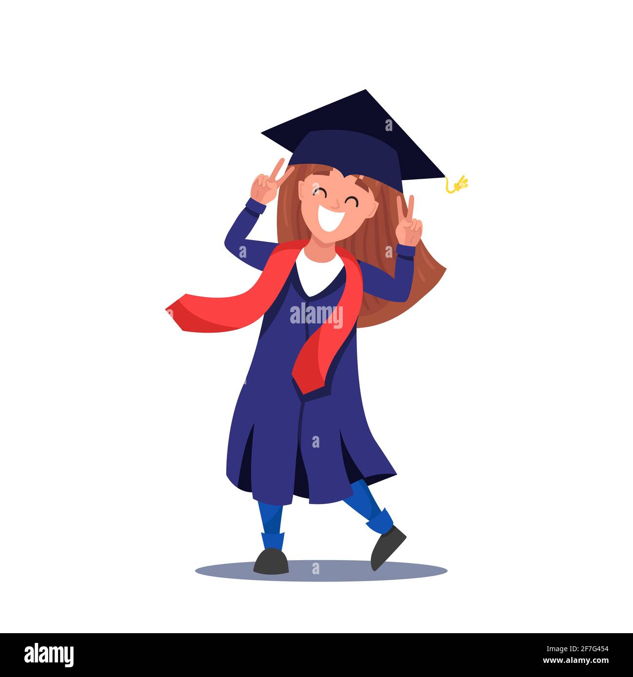Joven chica alegre en la graduación capa y sombrero sonriendo y mostrando  una victoria manos Imagen Vector de stock - Alamy