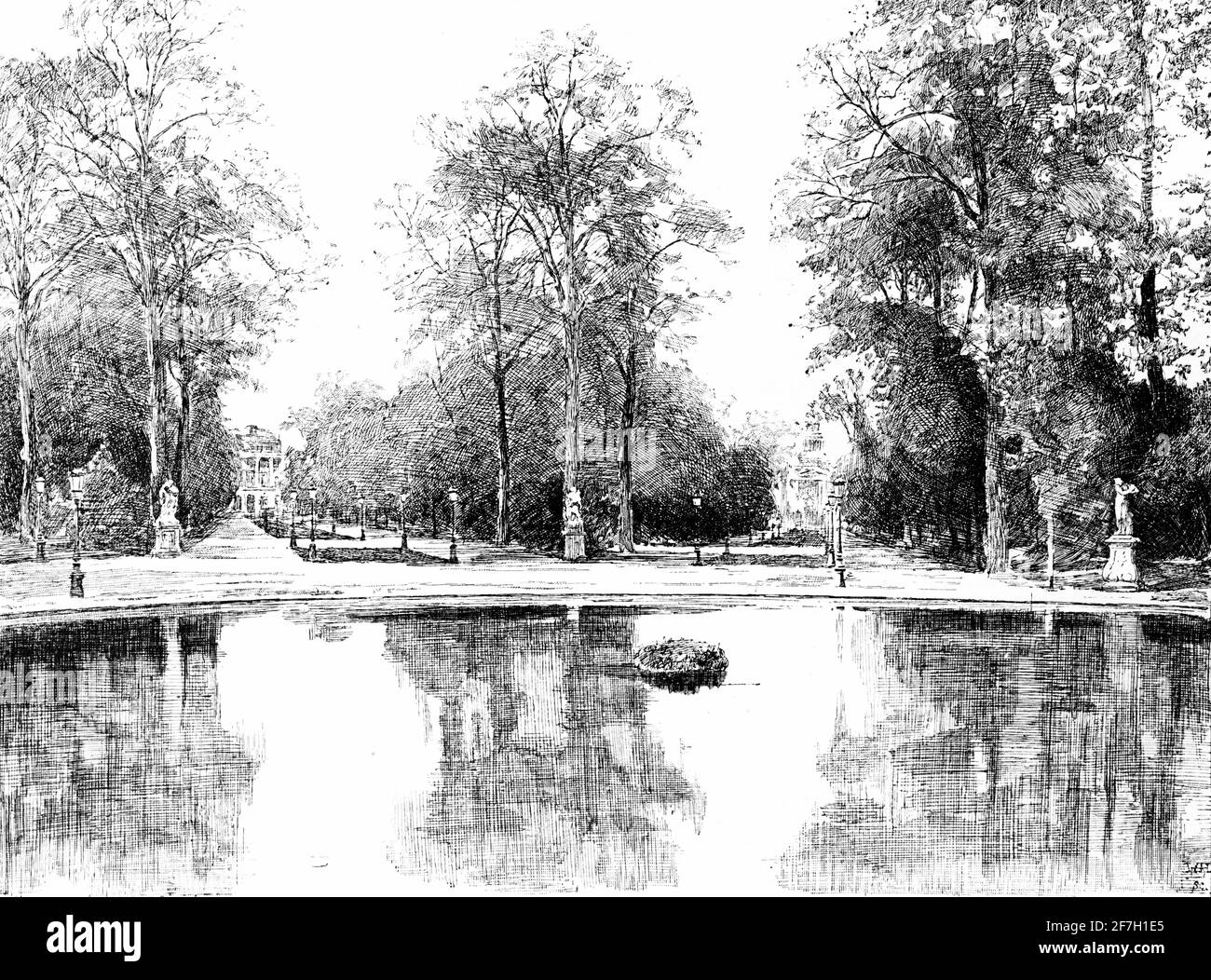 Escena de un parque con un pequeño lago en Bruselas, Bélgica, Europa Foto de stock