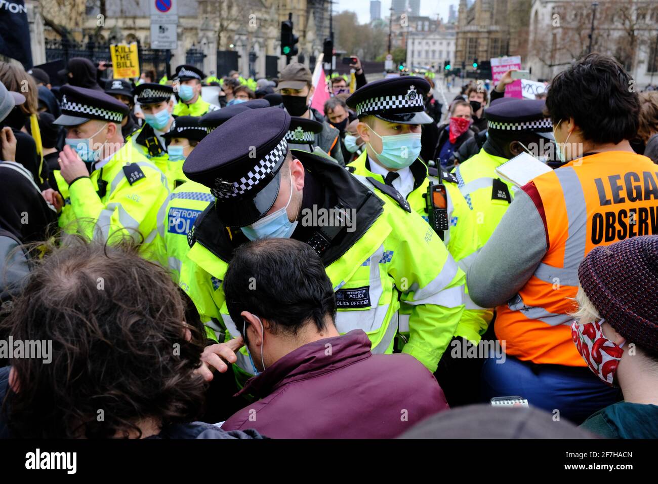 LONDRES - 3rd DE ABRIL de 2021: Matar el proyecto de ley protesta contra el proyecto de ley de policía, crimen, sentencia y tribunales que el gobierno está tratando de aprobar. Foto de stock