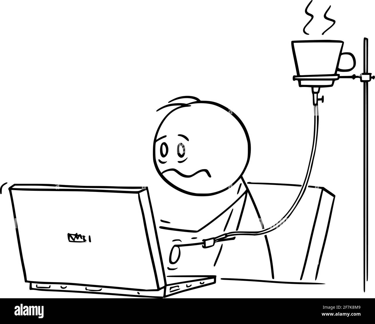 Trabajador de oficina, hombre o hombre de negocios trabajando en la computadora con infusión de café, ilustración de la figura del cartoon del vector Ilustración del Vector