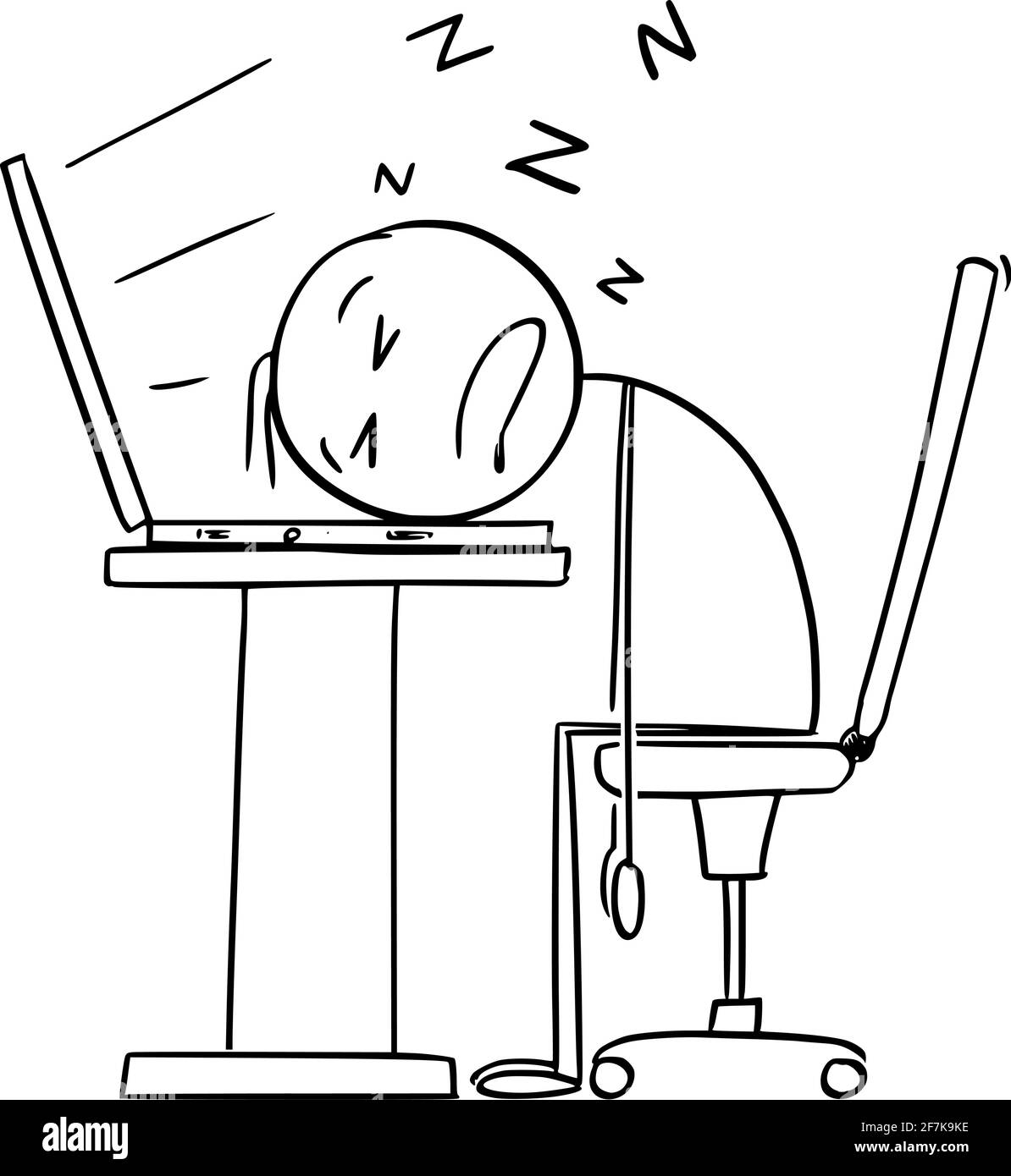 Durmiendo en el teclado de la computadora, trabajador de oficina cansado o sobregentado o empresario en la oficina, ilustración de la figura del cartoon del palillo de Vector Ilustración del Vector