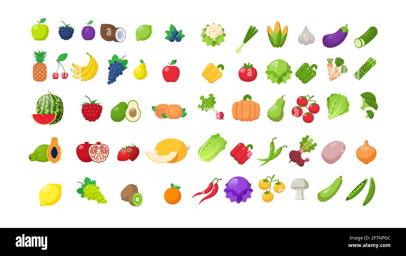 coloca las pegatinas de frutas y verduras frescas en posición horizontal para recogida de alimentos saludables Imagen Vector de stock - Alamy