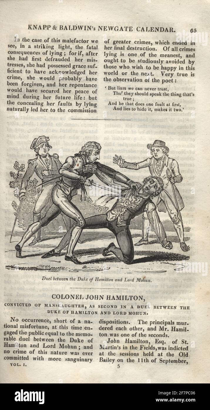 Página del Calendario de Newgate, mostrando a Duel entre el Duque de Hamilton y Lord Mohun. John Hamilton, condenado por Mansrighs, 11th de septiembre de 1712, como Segundo en un duelo entre el Duque de Hamilton y Lord Mahon Foto de stock