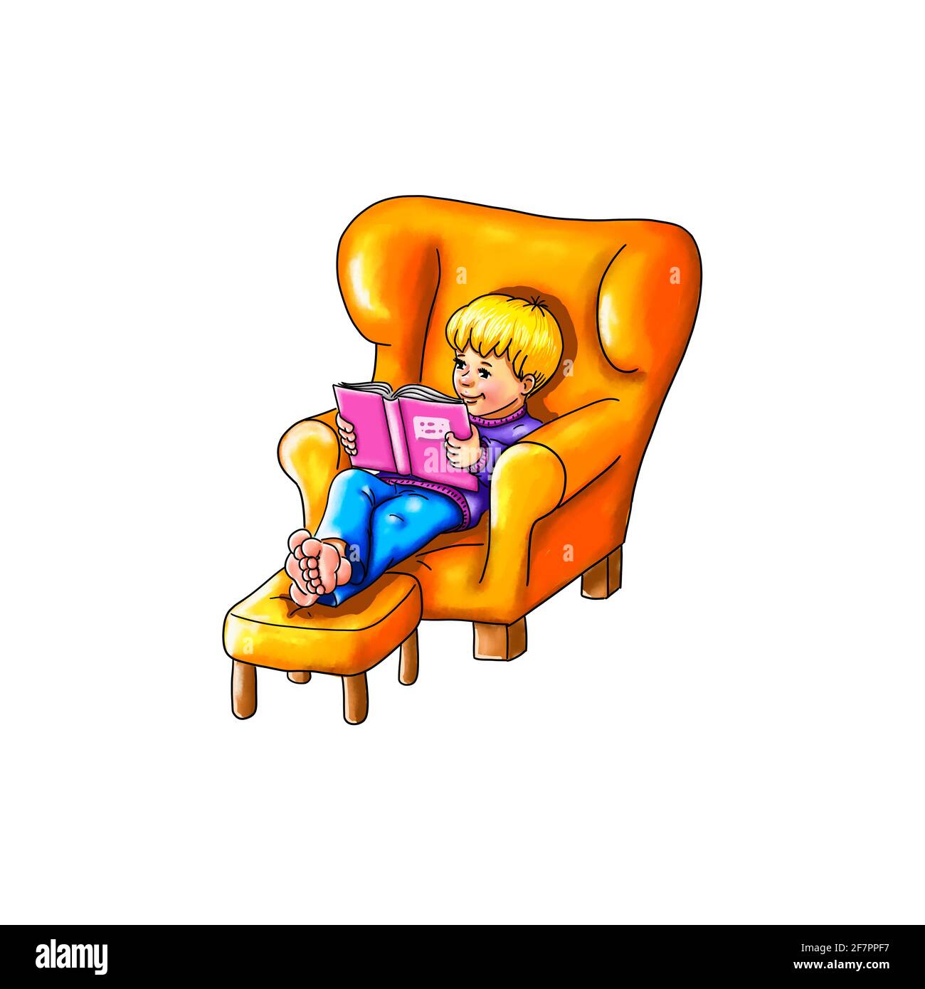 El niño se sienta cómodamente en un sillón descalzo pies sobre el taburete cómodamente lee libro infantil fascinado perdido en la infancia disfrutar ganar tiempo libre Foto de stock