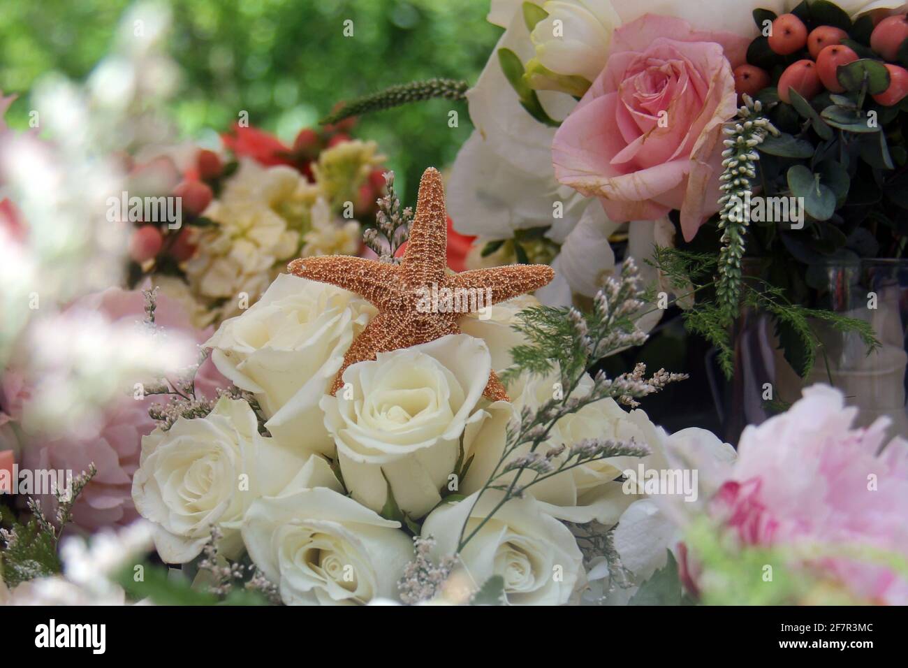 Hermosos ramos de flores de boda con temática costera incluyendo rosas,  bayas y estrellas de mar se ven en Cape May, Nueva Jersey en junio  Fotografía de stock - Alamy