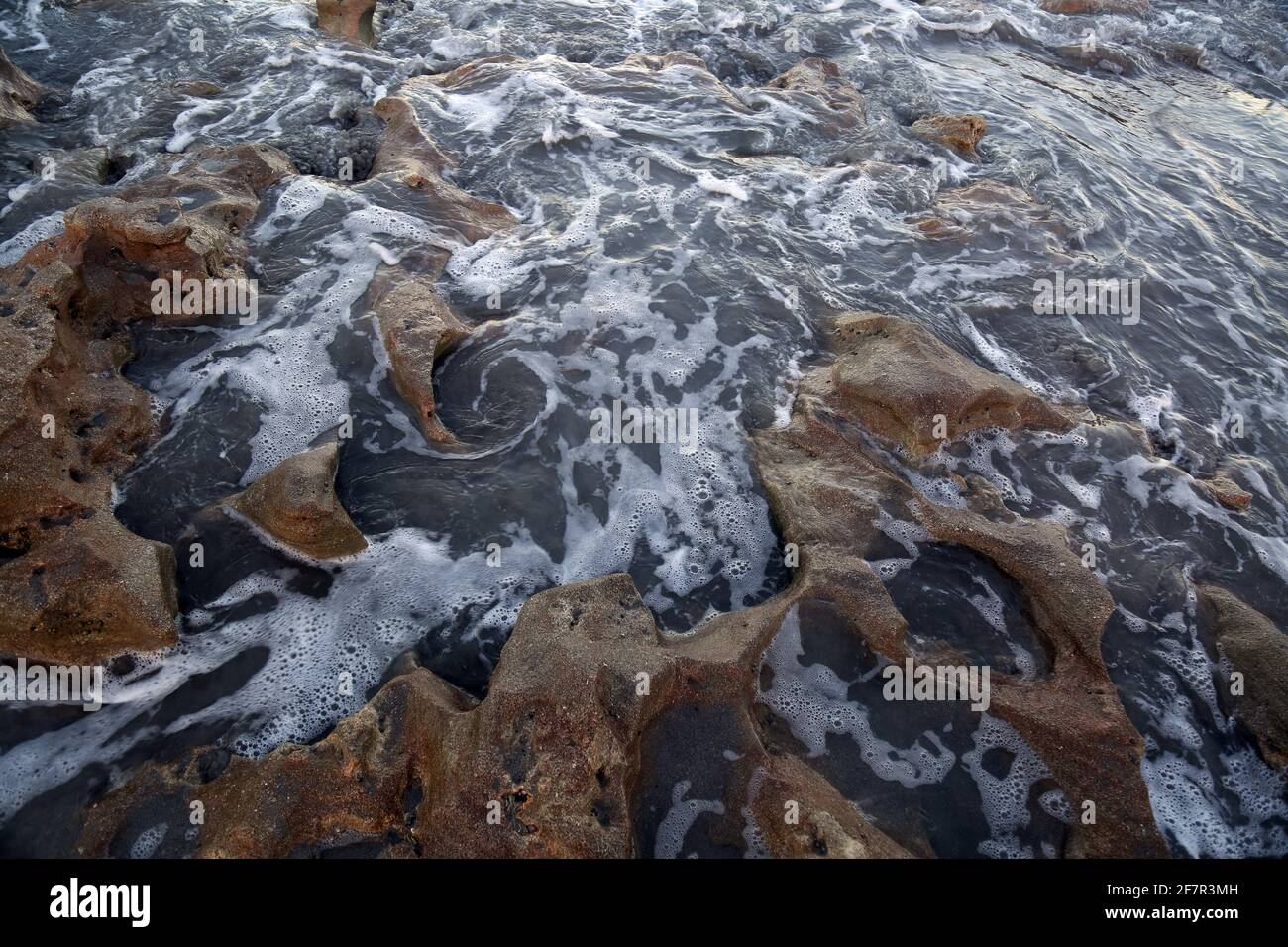 La marea del Atlántico llega en un día de verano en Blowing Rocks Preserve en Jupiter Island Florida cerca de Hobe Sound en los condados de Martin y Palm Beach. Foto de stock