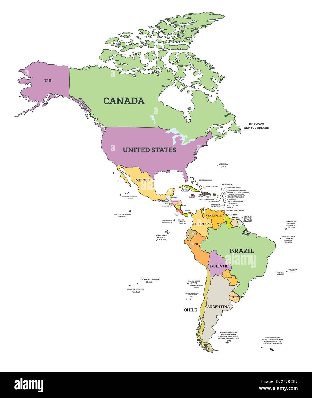 Mapa Político de América del Sur y del Norte en la Proyección Mercator. Ilustración vectorial. Mapa con el nombre de los países aislados sobre blanco. Ilustración del Vector