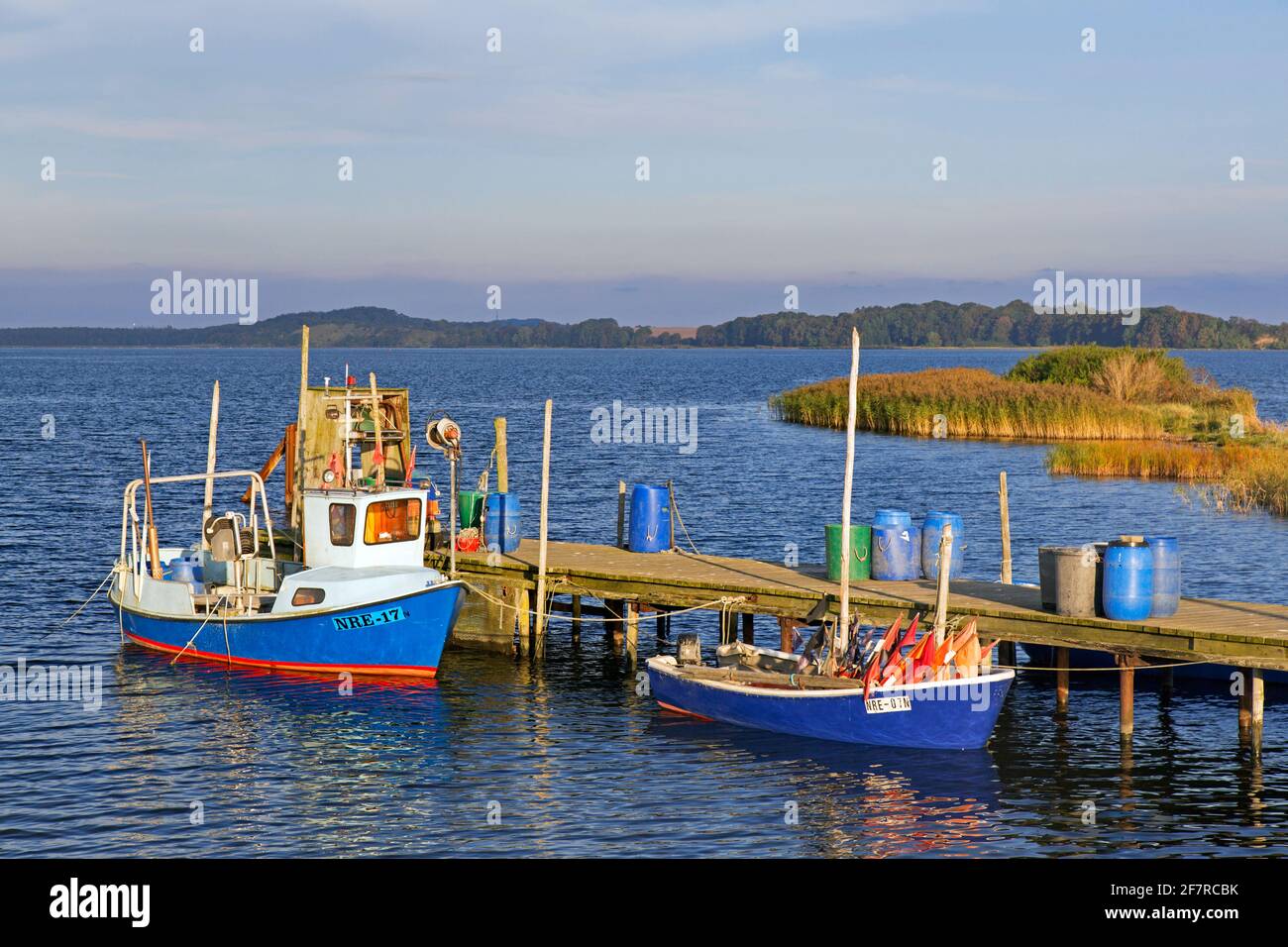 Barcos de pesca amarrados a lo largo de un embarcadero de madera en Neu Reddevitz, Lancken-Granitz en la isla Rügen / Ruegen, Mecklemburgo Pomerania Occidental, Alemania Foto de stock