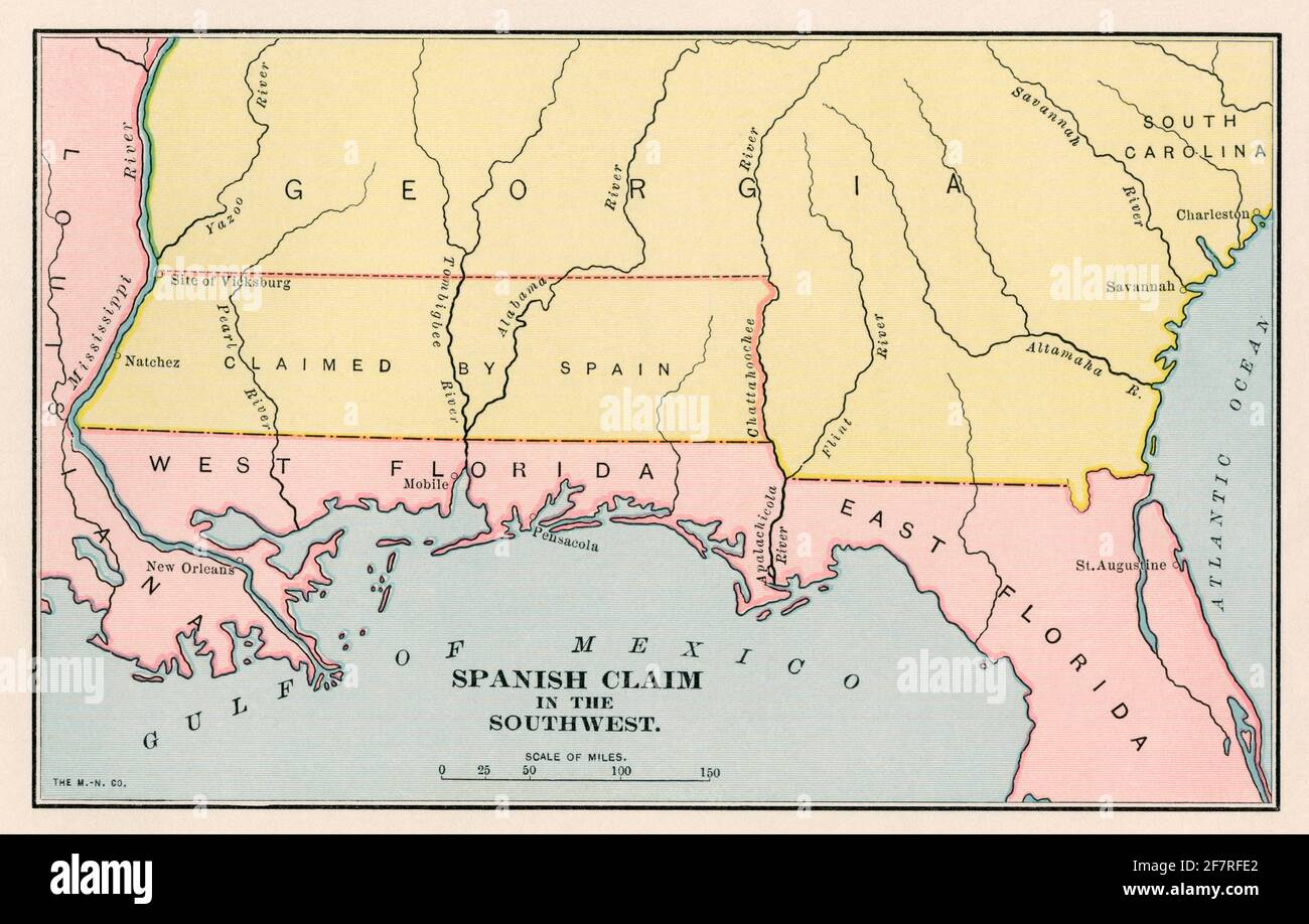 La tierra colonial española se reclama a lo largo de la costa del Golfo. Litografía en color Foto de stock