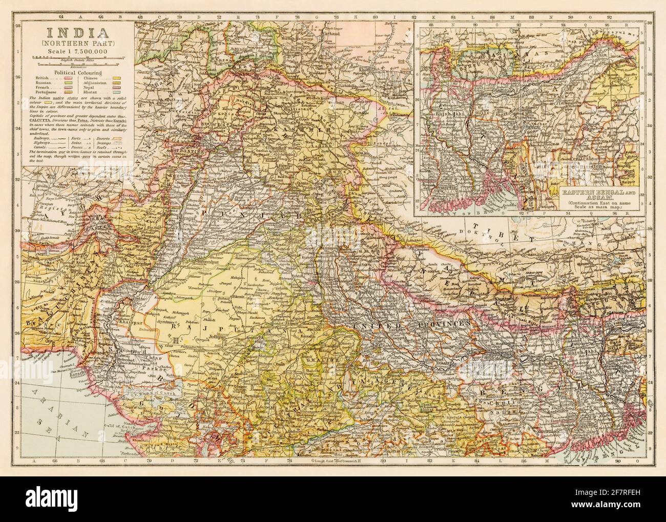 Mapa del norte de la India a principios de 1900s. Litografía en color Foto de stock
