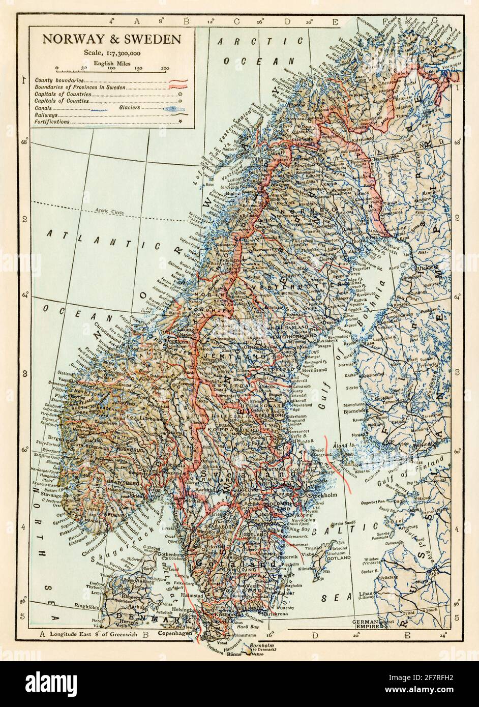Mapa de Noruega y Suecia alrededor de 1900. Semitonos de color Foto de stock