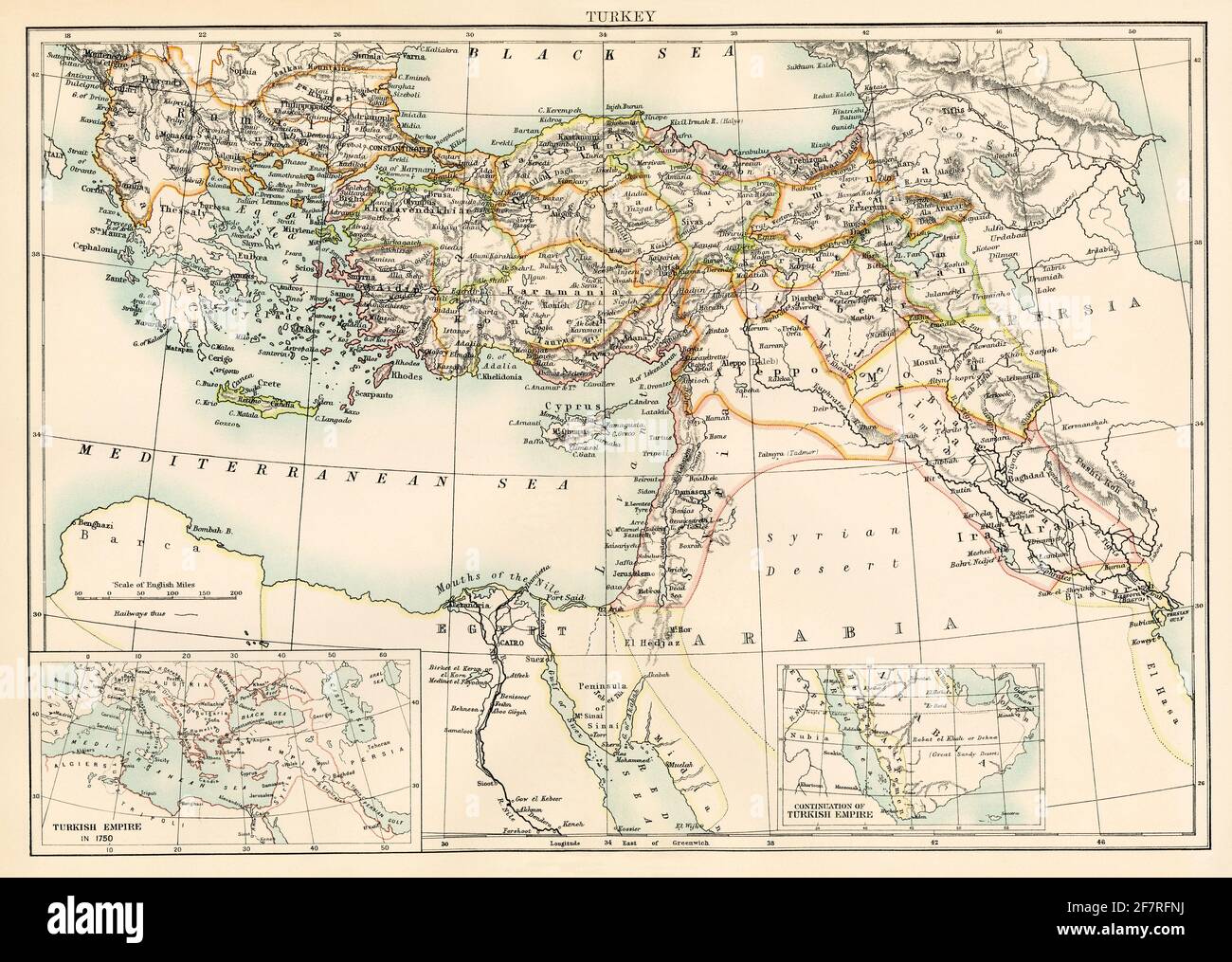Mapa de Turquía, 1870s. Litografía en color Foto de stock