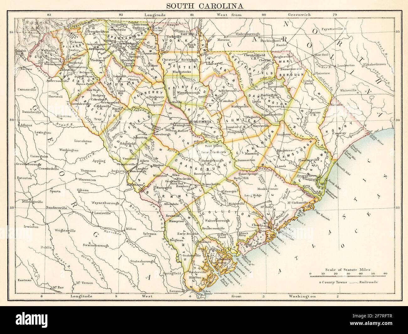 Mapa de Carolina del Sur, 1870s. Litografía en color Foto de stock