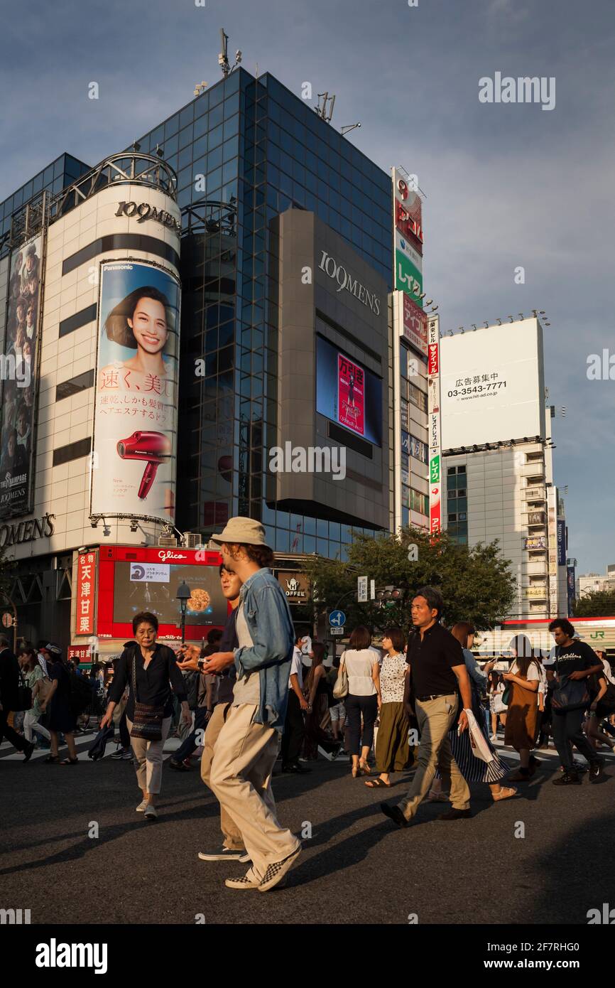 Vista de cerca vertical del bullicio y ajetreo peatonal en Shibuya Crossing al atardecer, Shibuya, Tokio, Japón Foto de stock