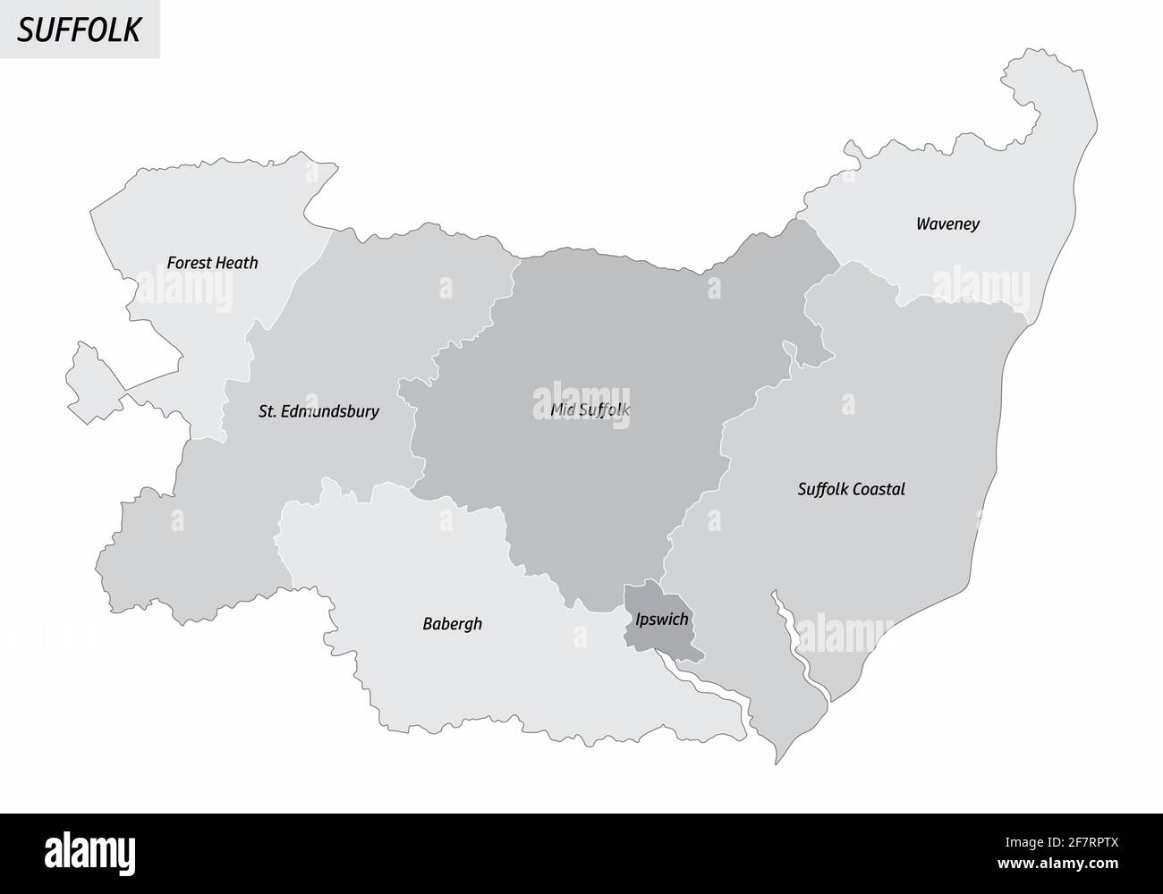 El mapa aislado del condado de Suffolk dividido en distritos con etiquetas, Inglaterra Ilustración del Vector