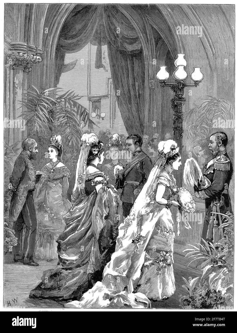 Grabado del matrimonio entre la Princesa Louise Margaret y el Príncipe Arthur, Duque de Connaught y Strathearn en la Capilla de San Jorge, Windsor, 13 de marzo de 1879. El príncipe Arturo era el séptimo hijo y tercer hijo de la reina Victoria y el príncipe Alberto de Sajonia-Coburg y Gotha. Foto de stock