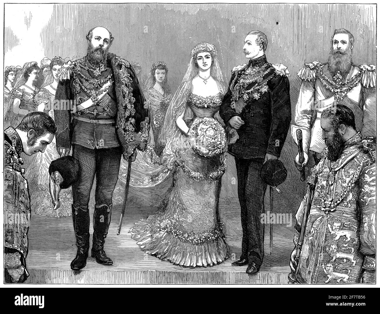 Grabado del matrimonio entre la Princesa Louise Margaret y el Príncipe Arthur, Duque de Connaught y Strathearn en la Capilla de San Jorge, Windsor, 13 de marzo de 1879. El príncipe Arturo era el séptimo hijo y tercer hijo de la reina Victoria y el príncipe Alberto de Sajonia-Coburg y Gotha. Foto de stock