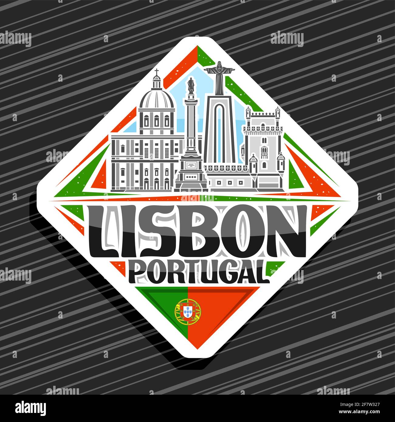 Logotipo vectorial para Lisboa, señal de carretera rhombus blanco con dibujo de la ciudad de lisboa paisaje sobre el fondo del cielo de día, imán de frigorífico decorativo con un Ilustración del Vector