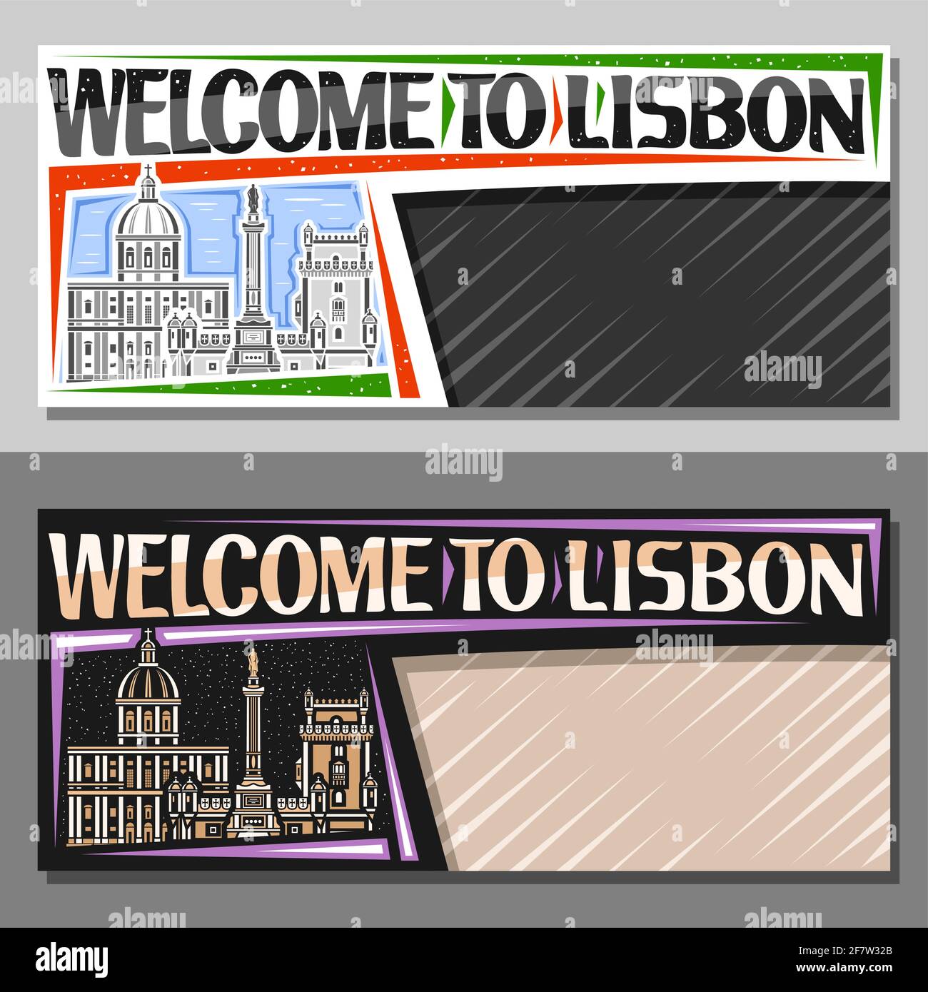 Diseños vectoriales para Lisboa con espacio de copia, bono decorativo con ilustración de paisaje urbano de lisboa en el fondo del cielo de día y noche, arte Ilustración del Vector