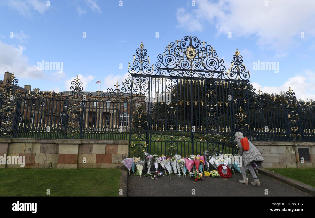 Una mujer pone flores a las puertas del castillo de Hillsborough en Irlanda del Norte, tras el anuncio de la muerte del duque de Edimburgo a la edad de 99 años. Fecha de la foto: Sábado 10 de abril de 2021. Foto de stock