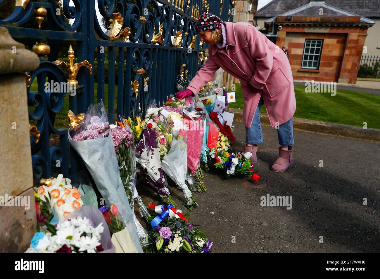 Una persona pone flores en el Castillo de Hillsborough después de que el Príncipe Felipe de Gran Bretaña, esposo de la Reina Isabel, murió a la edad de 99 años, en Hillsborough, Irlanda del Norte, 10 de abril de 2021. REUTERS/Jason Cairnduff Foto de stock