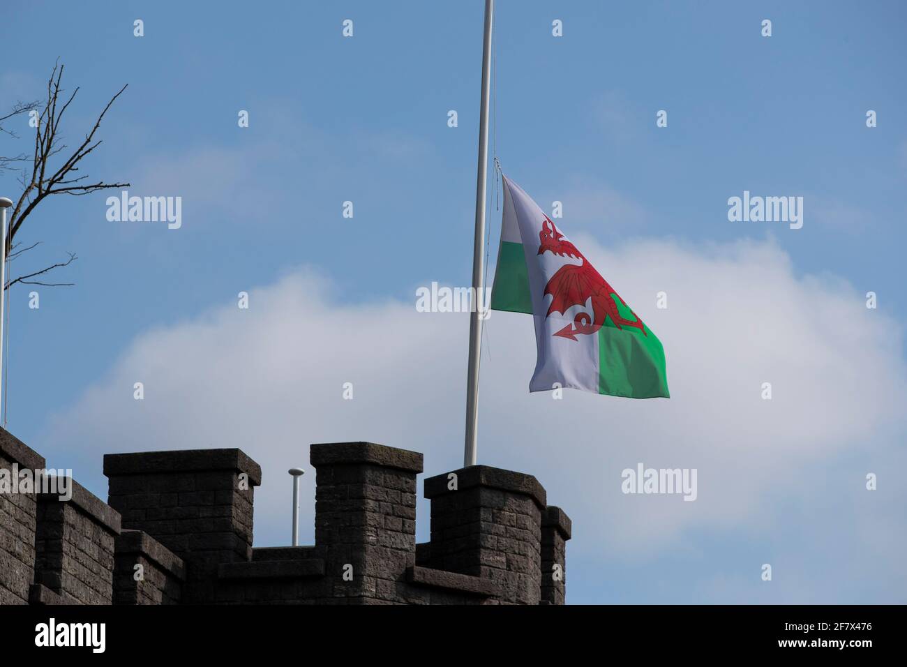 Cardiff, Gales, Reino Unido. 10th de Abr de 2021. Una bandera de Gales en el Castillo de Cardiff vuela a media asta delante de un arma para marcar la muerte del Príncipe Felipe. Crédito: Mark Hawkins/Alamy Live News Foto de stock