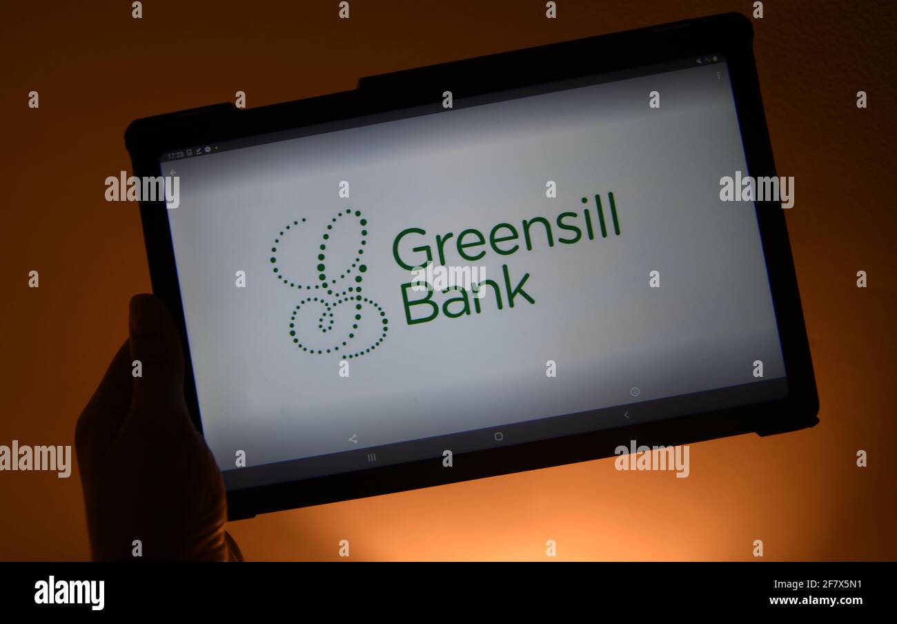 Logotipo de Greensill Bank visto en una tableta Samsung Foto de stock