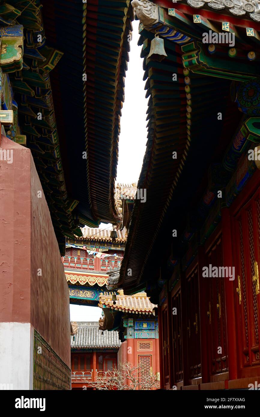 Esquinas del antiguo palacio chino con paredes rojas y techo de azulejos. Foto de stock