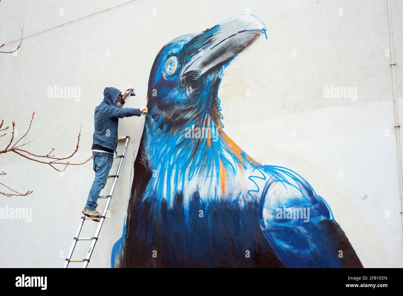Primer plano del artista callejero Boe + ironía en acción. Crow mural está en la fabricación en Whiston Road, East London, Reino Unido. Abr 2013 Foto de stock