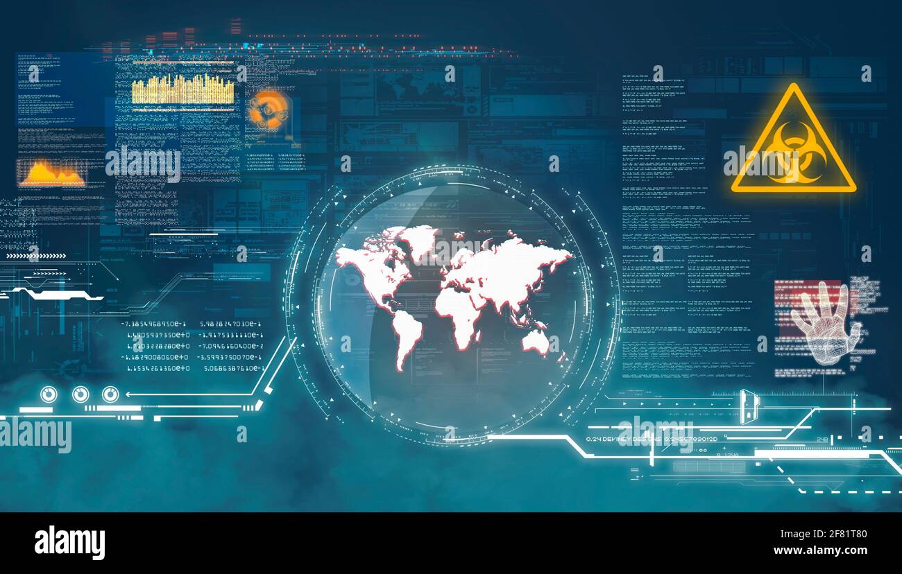 Pantalla futurista con información y globo terráqueo . Estadísticas sobre los efectos del virus en el mundo . la crisis de la economía y la recesión global. Foto de stock