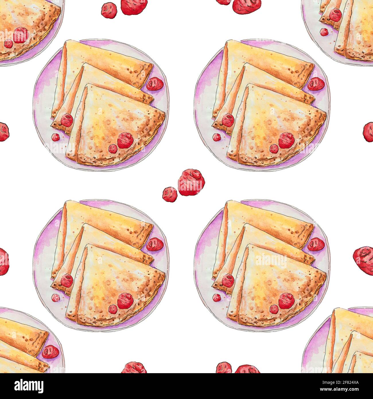 Patrón sin costuras con tortitas acuarela en un plato, frambuesas frescas. Ilustración colorida. Foto de stock