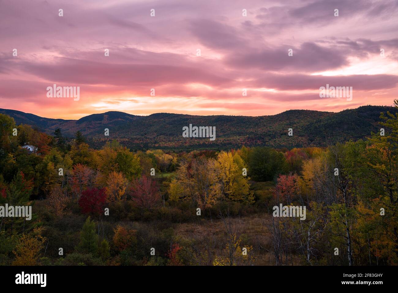 Espectacular puesta de sol otoñal sobre montañas de madera en el pico de follaje del otoño Foto de stock