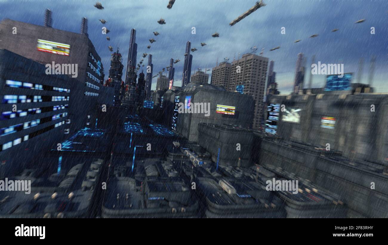 3D rendering. Ciudad futurista y naves espaciales Foto de stock