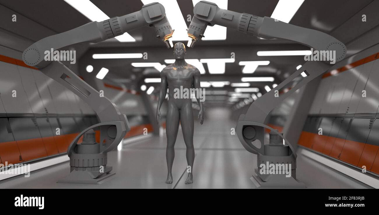 renderización 3d. Escena futurista y figura humanoide Foto de stock