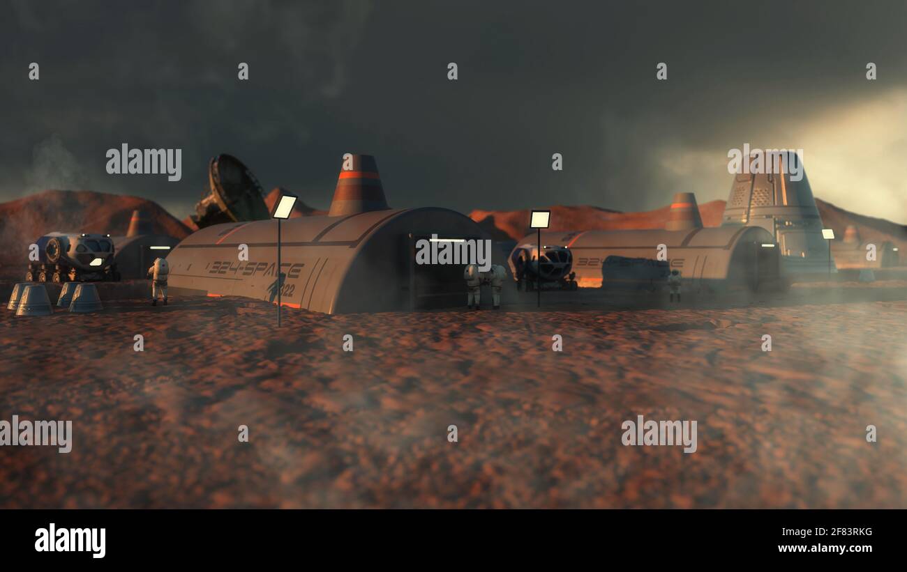 3d render. Colonia de seres humanos en un planeta Foto de stock