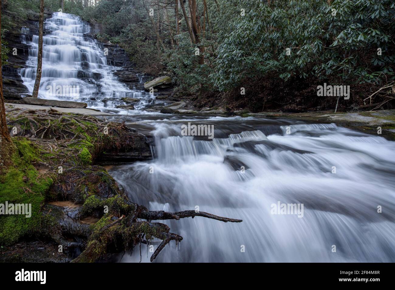 Cataratas Minnehaha, Bosque Nacional Chattahoochee - Condado de Rabun, Georgia. Falls Branch fluye sobre Minnehaha Falls y continúa bajando la montaña en el oído Foto de stock