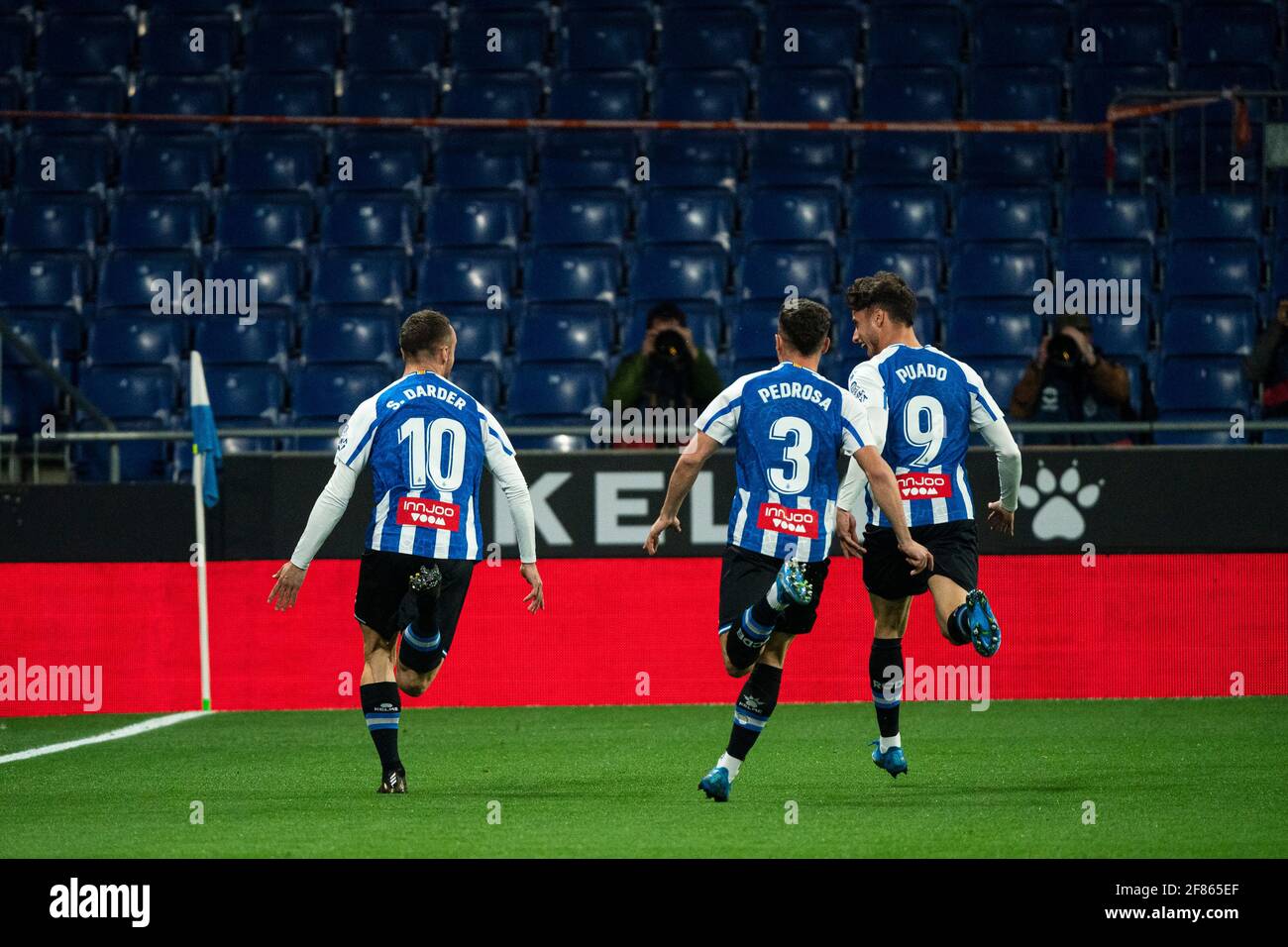 Cornella, España. 11th de Abr de 2021. jugadores de RCD Espanyol celebran un gol durante un partido de fútbol de la liga española de segunda división RCD Espanyol y CD