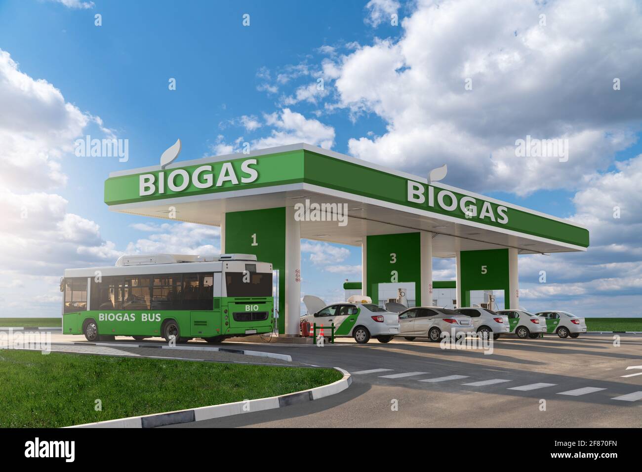 Autobús y coches en la estación de llenado de biogás. Concepto de transporte neutro en carbono Foto de stock