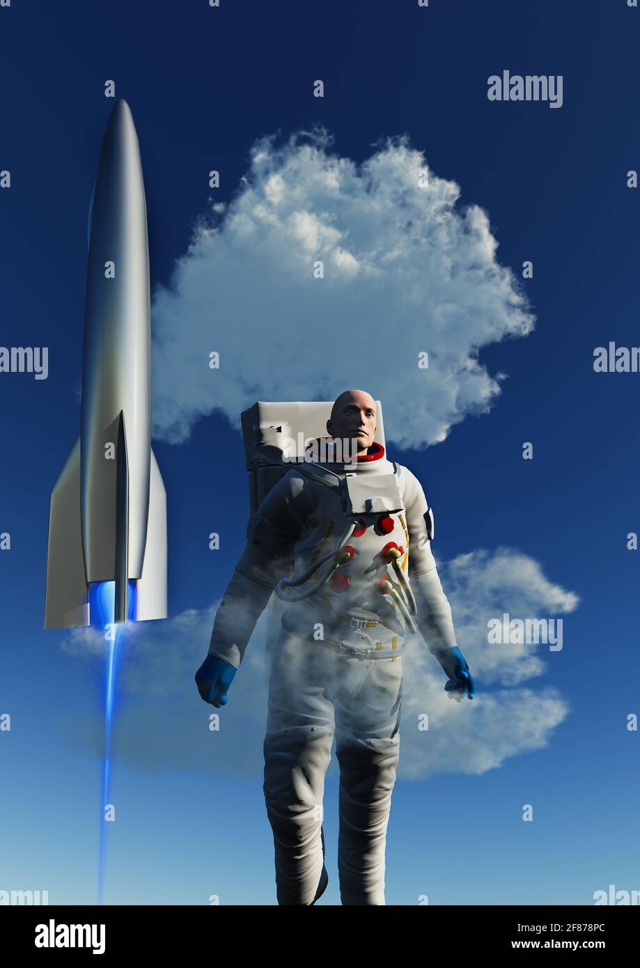 Astronauta y cohete Foto de stock