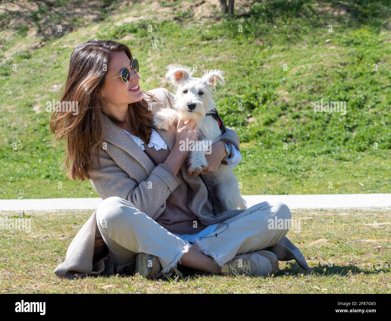 Mujer joven sentada en el suelo en el campo, pasando tiempo con su cachorro blanco schnauzer. Foto de stock