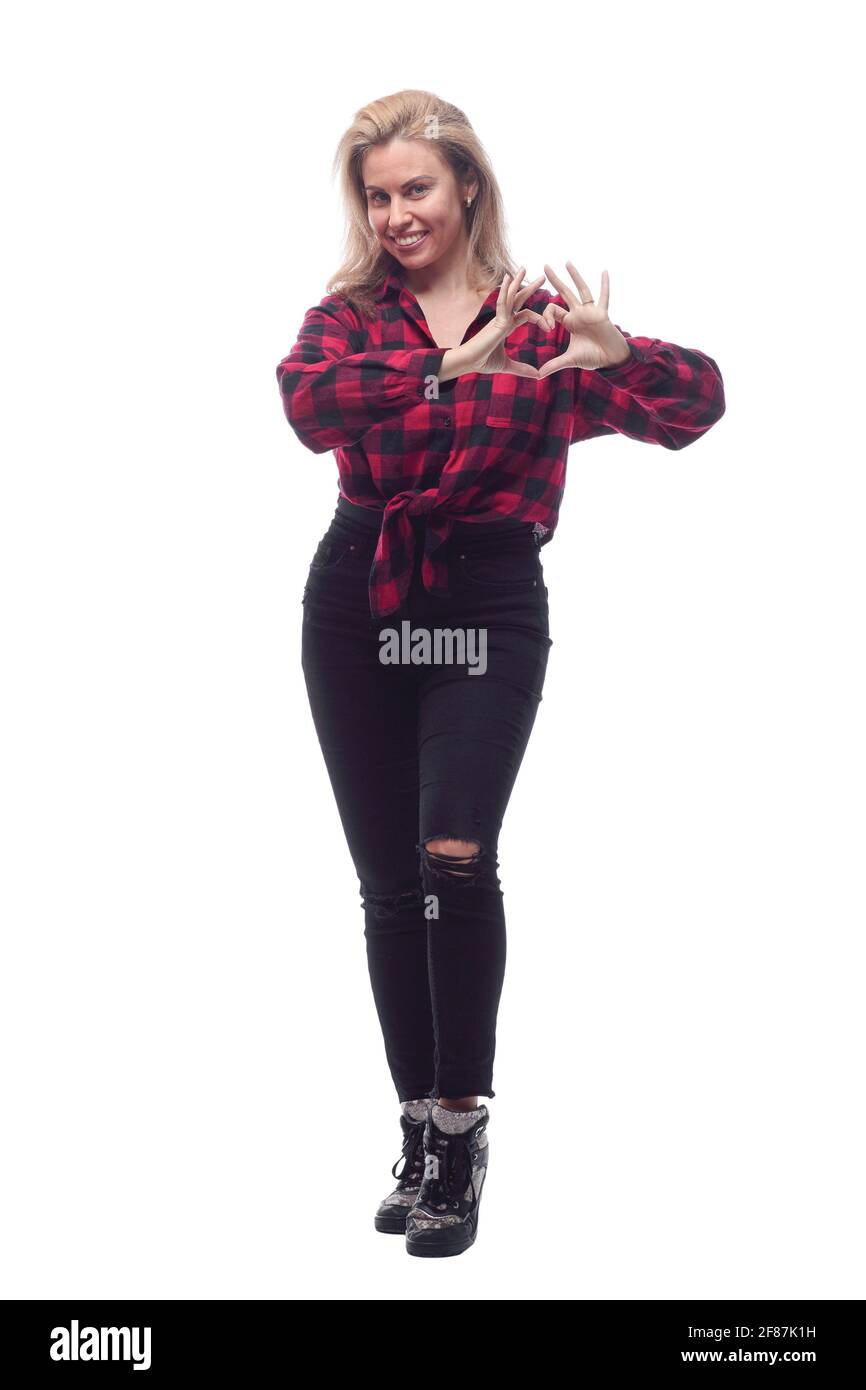 mujer joven informal con camisa de cuadros rojos y pantalones ajustados  Fotografía de stock - Alamy