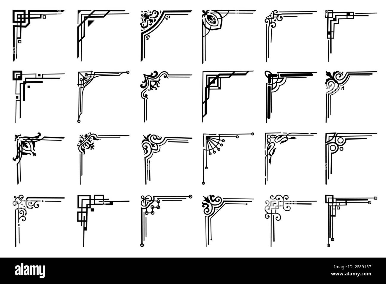 Esquinas y bordes de marco, conjunto de adornos florales vectoriales.  Esquinas negras con flores, hojas, floraciones victorianas y remolinos de  marco, página decoratio Imagen Vector de stock - Alamy