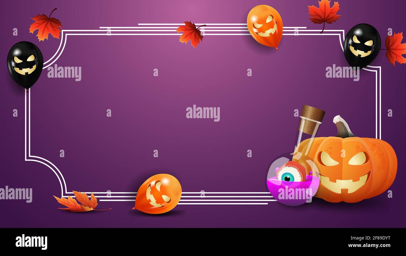 Plantilla de Halloween para tus artes. Plantilla púrpura con marco para  texto, hojas de otoño, globos de Halloween, gato de calabaza y poción de  brujas Fotografía de stock - Alamy