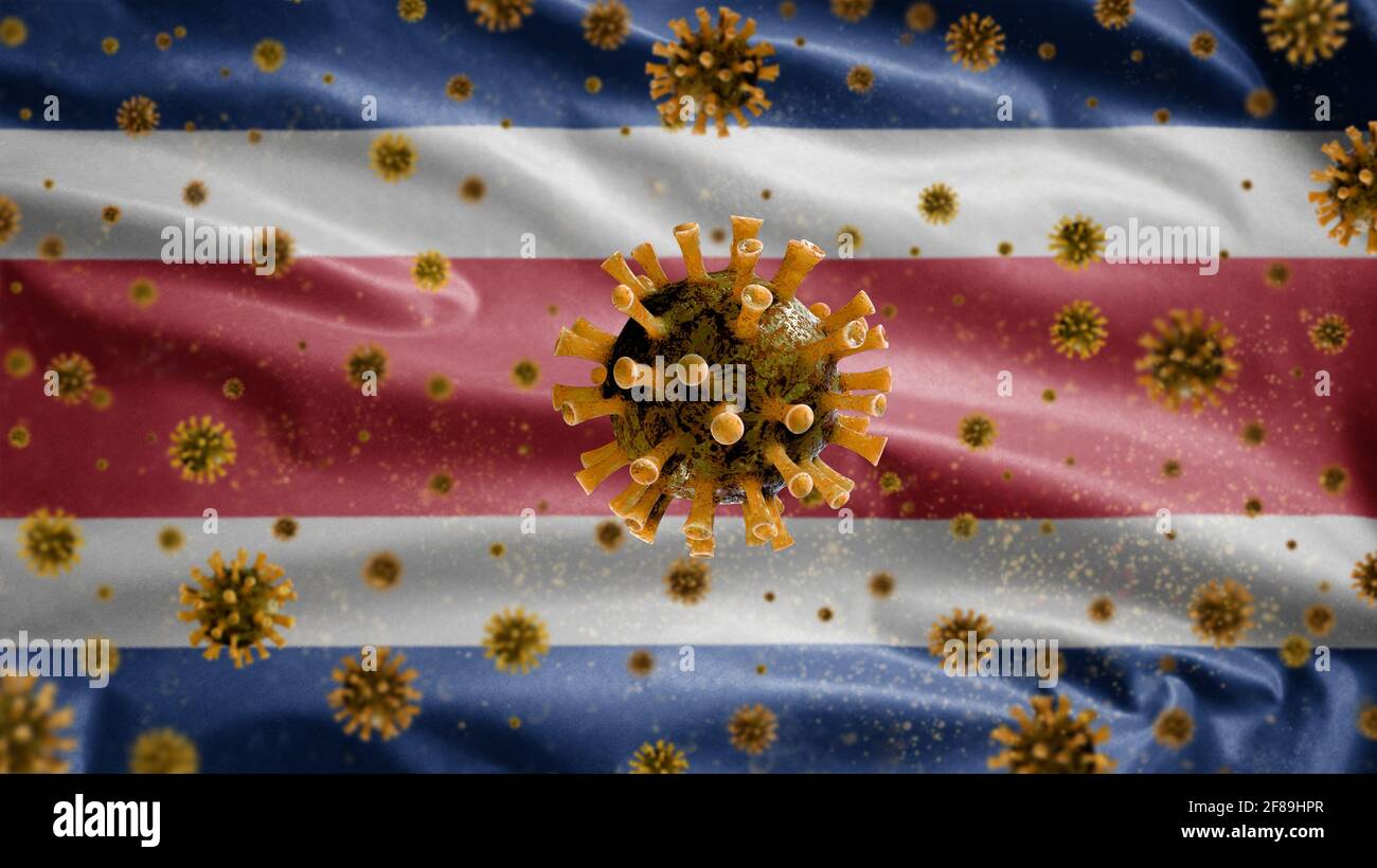 3D, coronavirus de la gripe flotando sobre la bandera de Costa Rica, un patógeno que ataca el