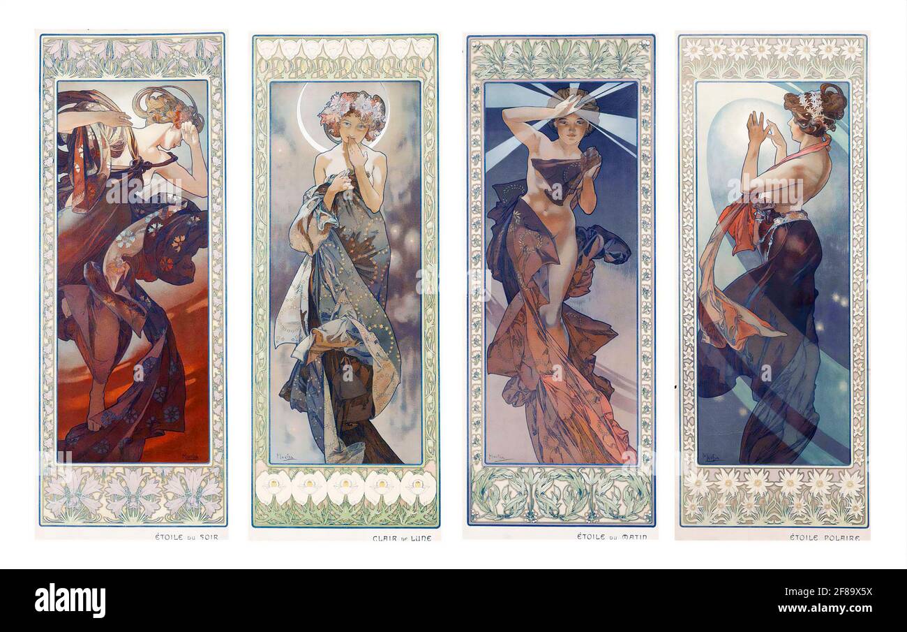 Las estrellas - Art Nouveau de Alphonse Mucha. La serie incluye: 'The Morning Star', 'The Moon', 'The Pole Star' y 'The Evening Star' 1902 Foto de stock