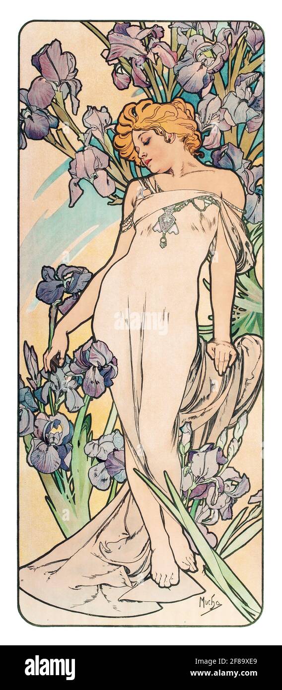 Les Fleurs Rennert Weill 49 Var 1 c 1898 – Art Nouveau de Alphonse Mucha Foto de stock