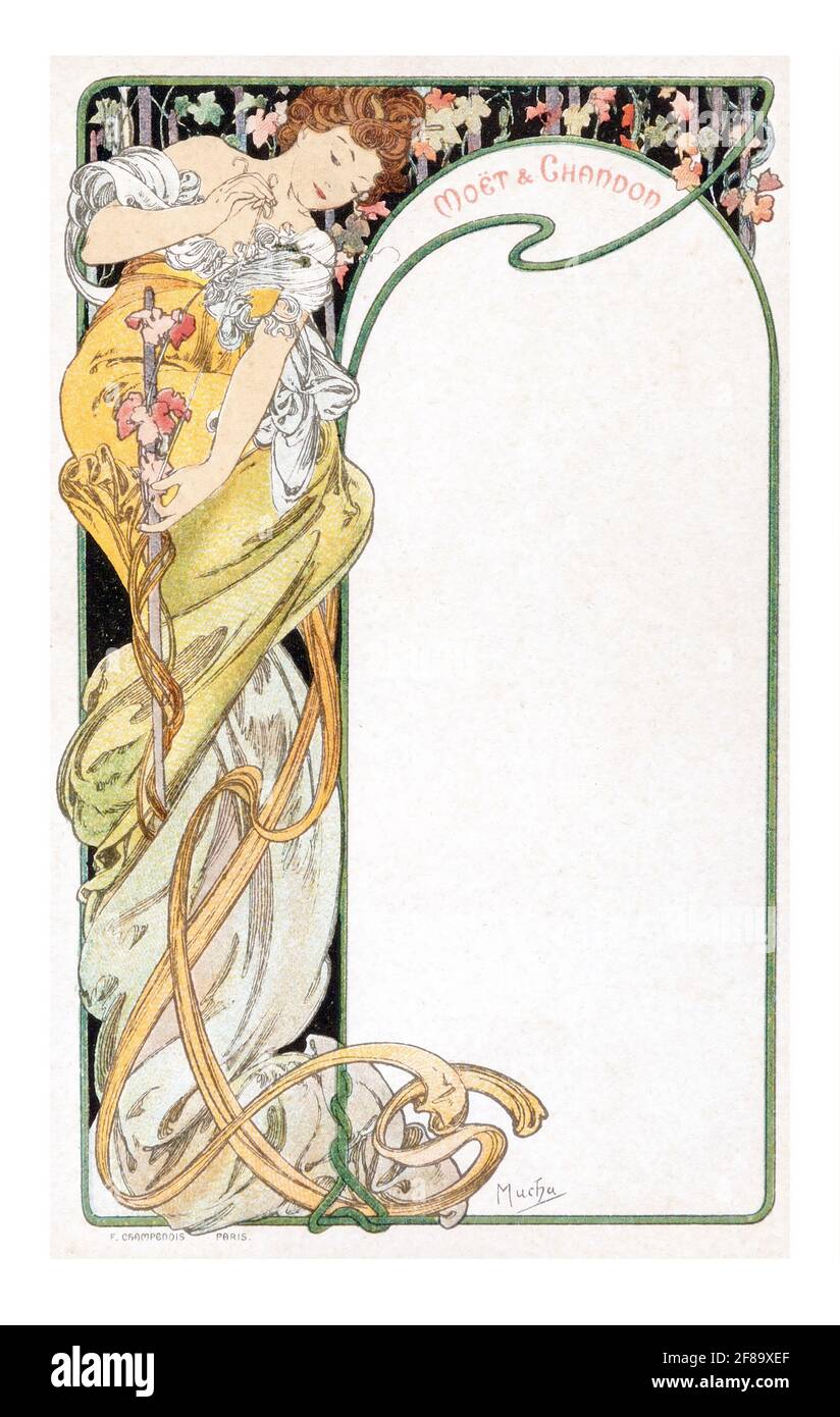 MENÚ MOET & CHANDON – Art Nouveau de Alphonse Mucha 1899. Utilícelo como su propio menú personal para su próxima cena. Foto de stock